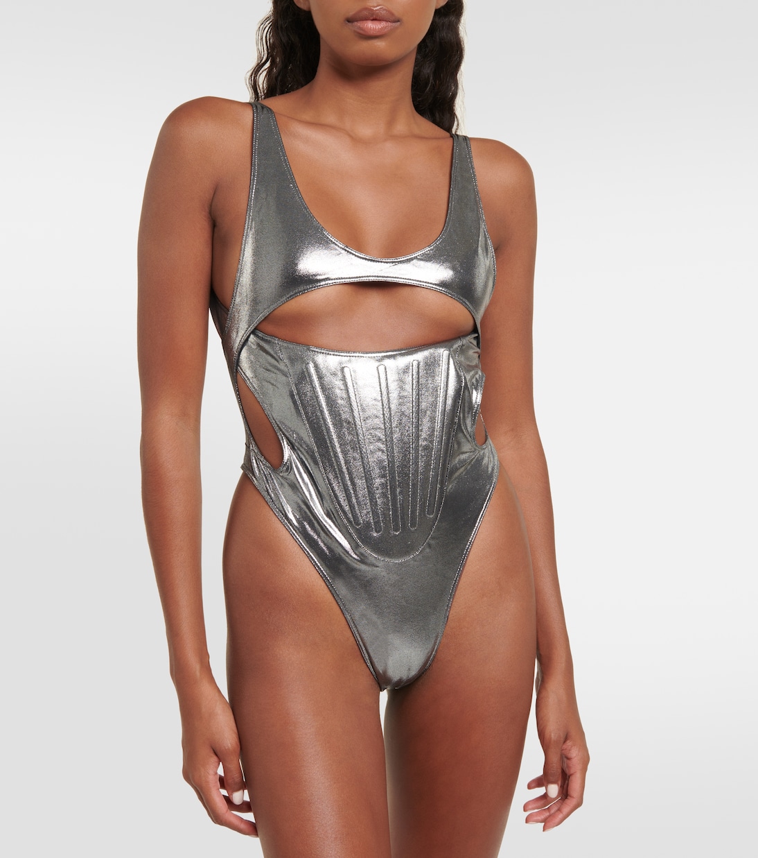 Cutout metallic swimsuit in silver Mugler Mytheresa