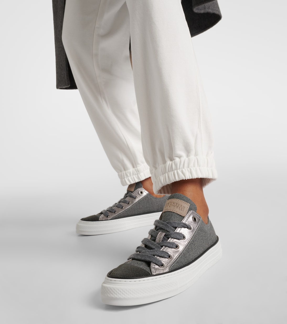 Sneakers in canvas con pelle e monili | Brunello Cucinelli