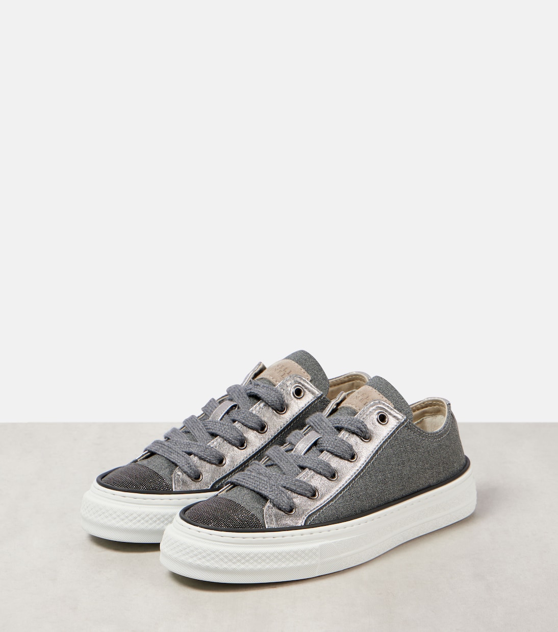 Sneakers in canvas con pelle e monili | Brunello Cucinelli