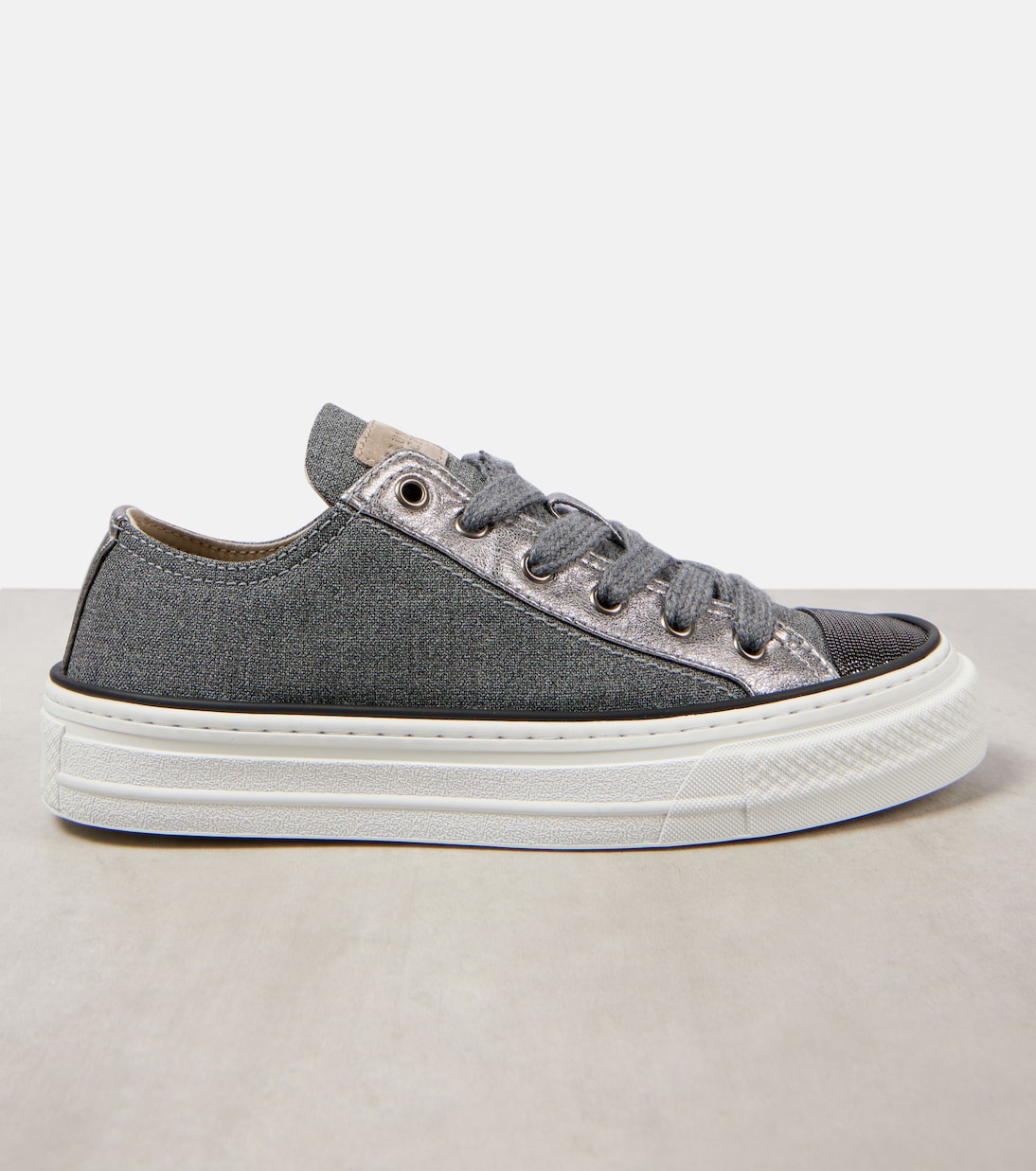 Sneakers in canvas con pelle e monili | Brunello Cucinelli