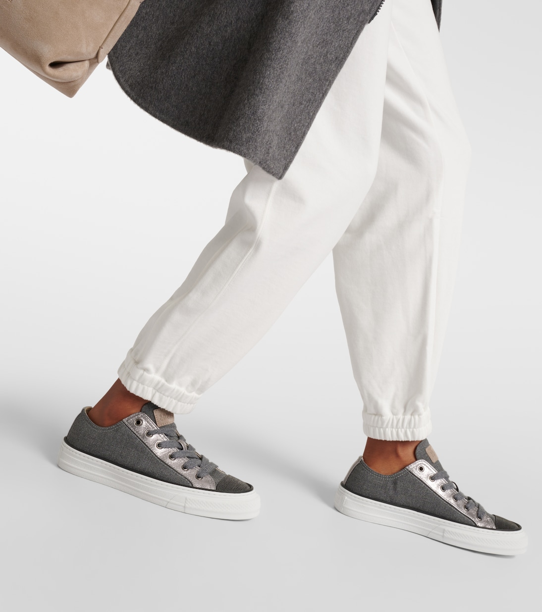 Sneakers in canvas con pelle e monili | Brunello Cucinelli