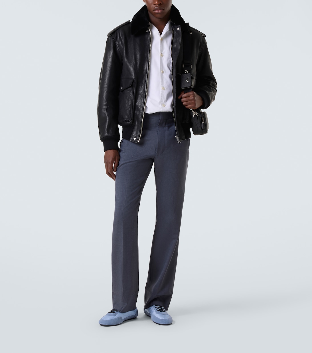 Faux fur-trimmed leather jacket | Prada