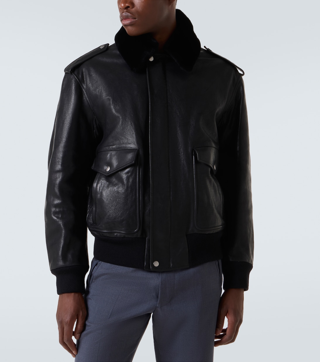 Faux fur-trimmed leather jacket | Prada