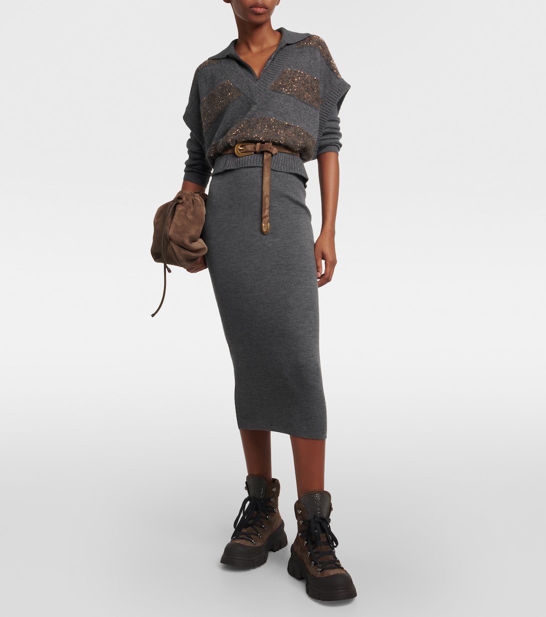 Ribbed-knit virgin wool and cashmere midi dress | Brunello Cucinelli
