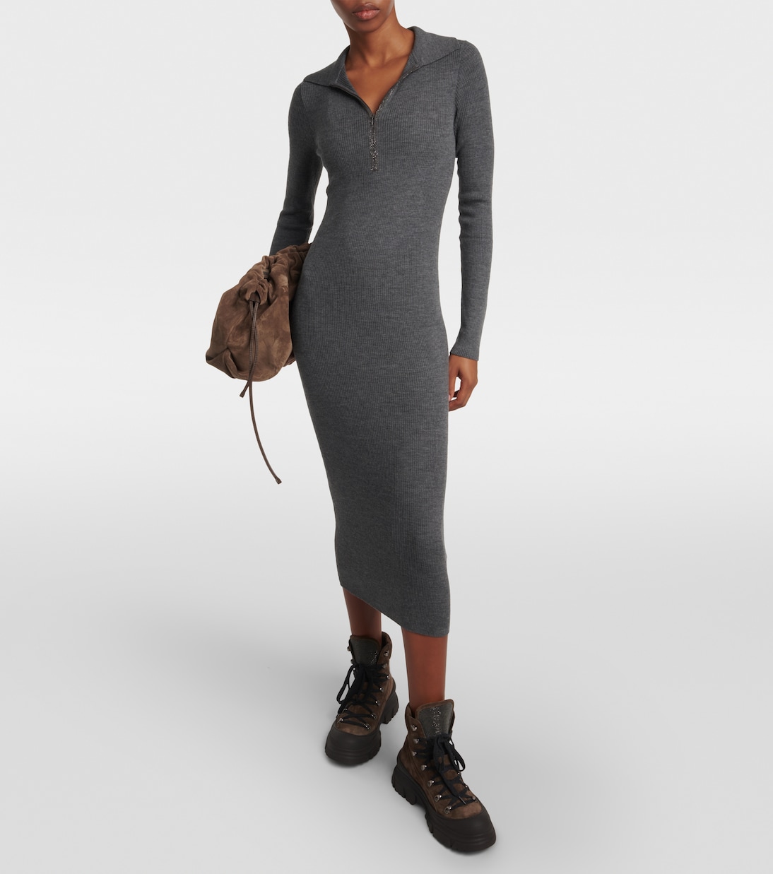 Ribbed-knit virgin wool and cashmere midi dress | Brunello Cucinelli