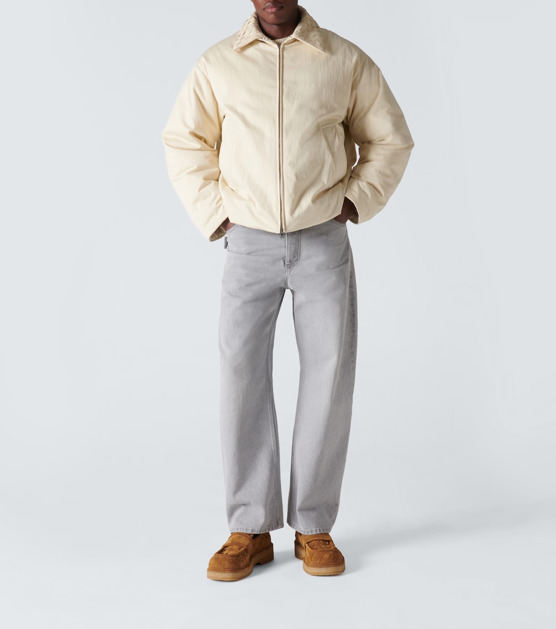 Daunenjacke Intrecciato aus Twill mit Leder | Bottega Veneta