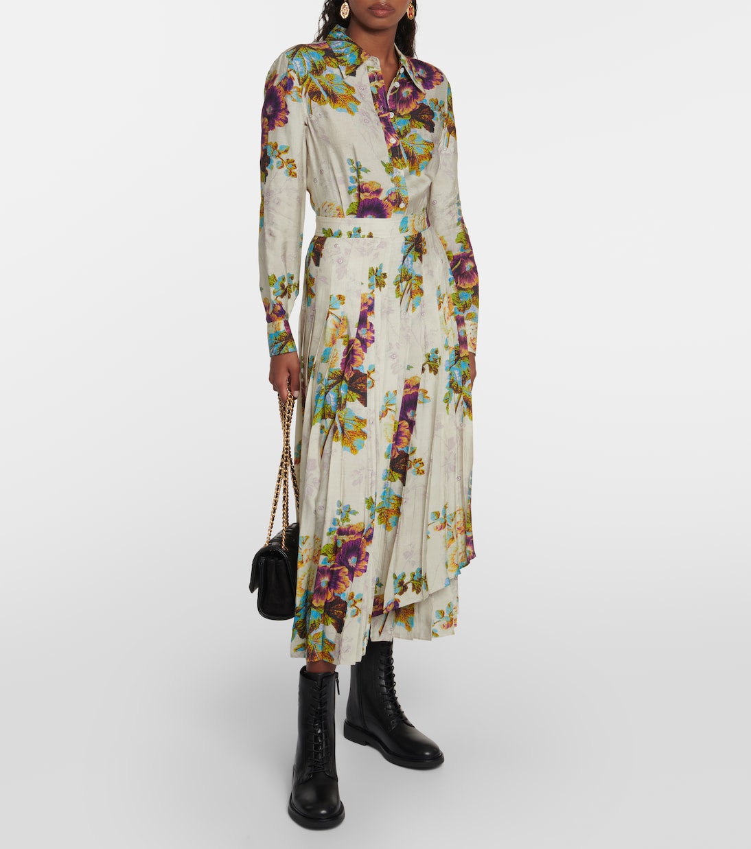 Floral pleated satin shirt dress | Tory Burch