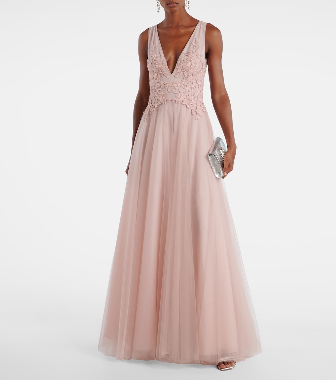 Floral-appliqué tulle gown | Costarellos