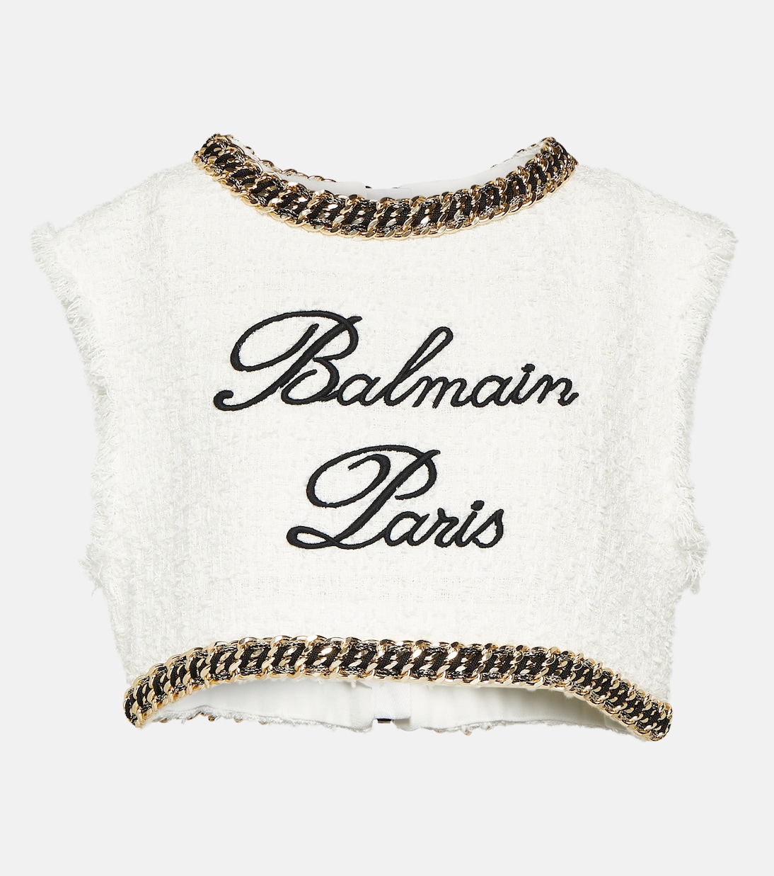 Crop top de tweed con logo y cadena | Balmain