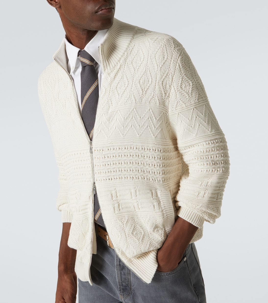 Cardigan in cotone con zip | Brunello Cucinelli