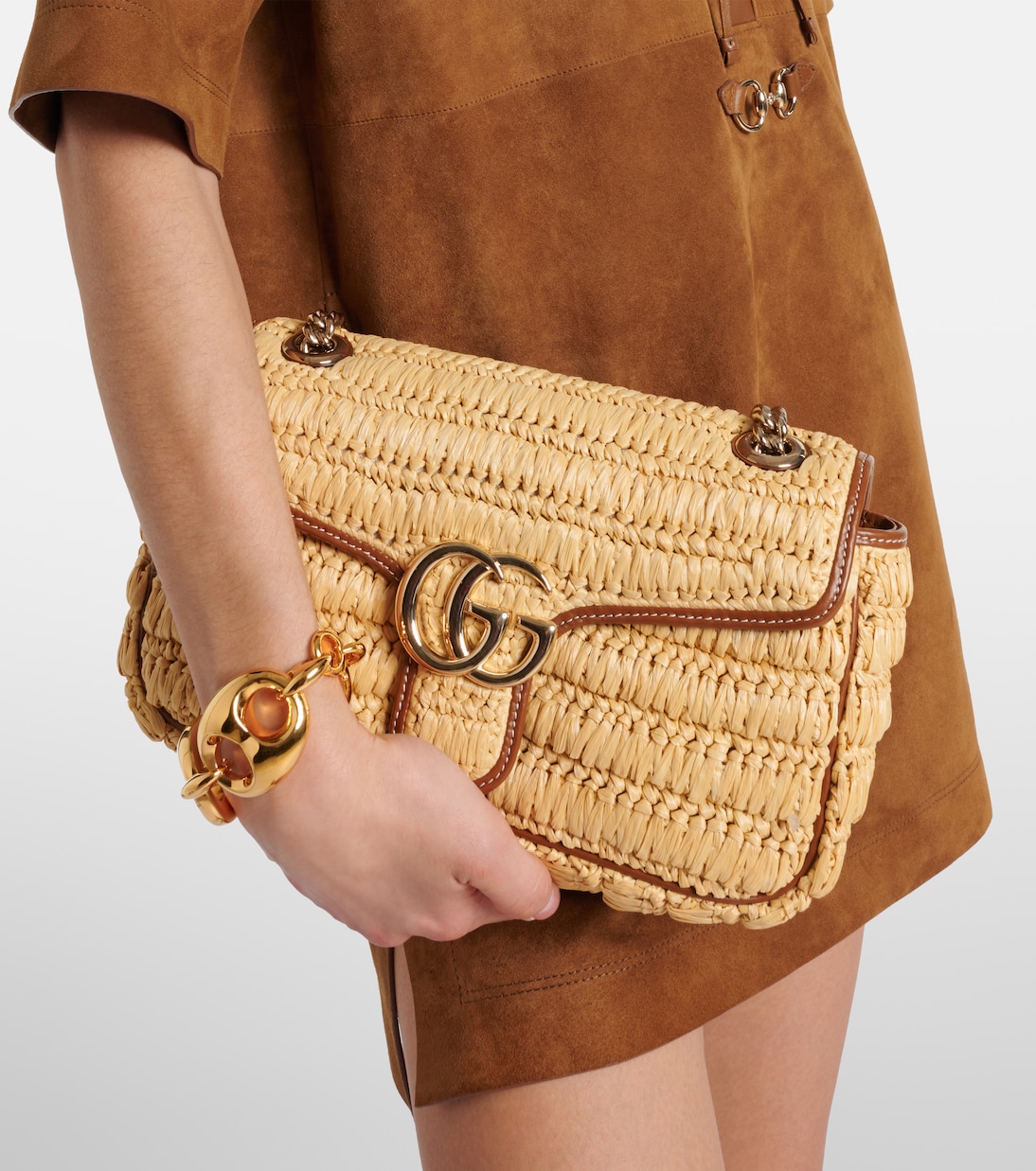 GG Marmont Small raffia shoulder bag | Gucci