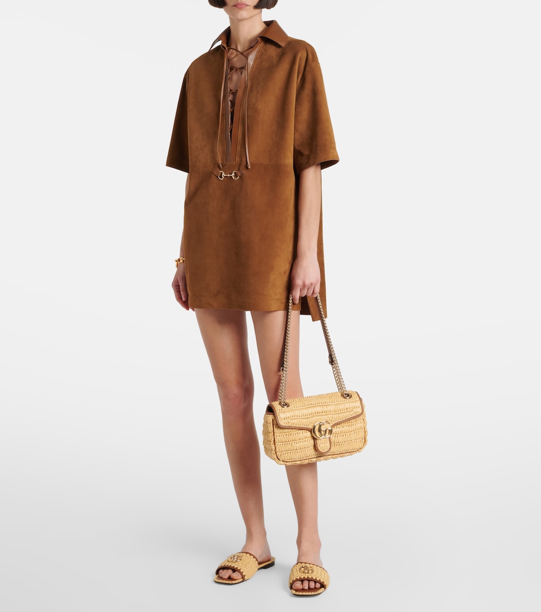 GG Marmont Small raffia shoulder bag | Gucci