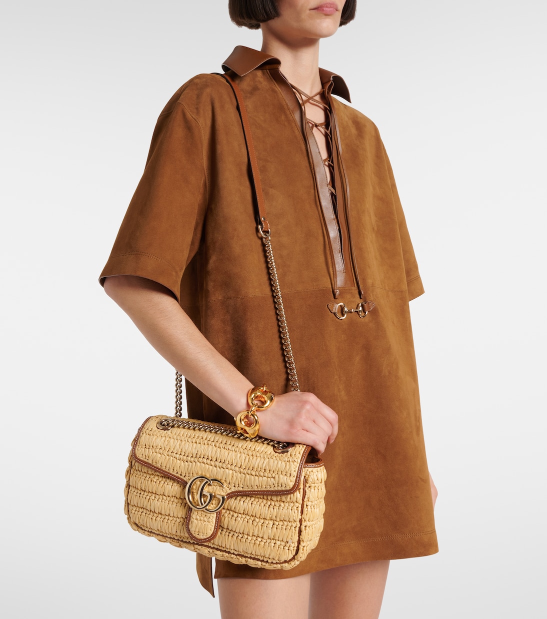 GG Marmont Small raffia shoulder bag | Gucci