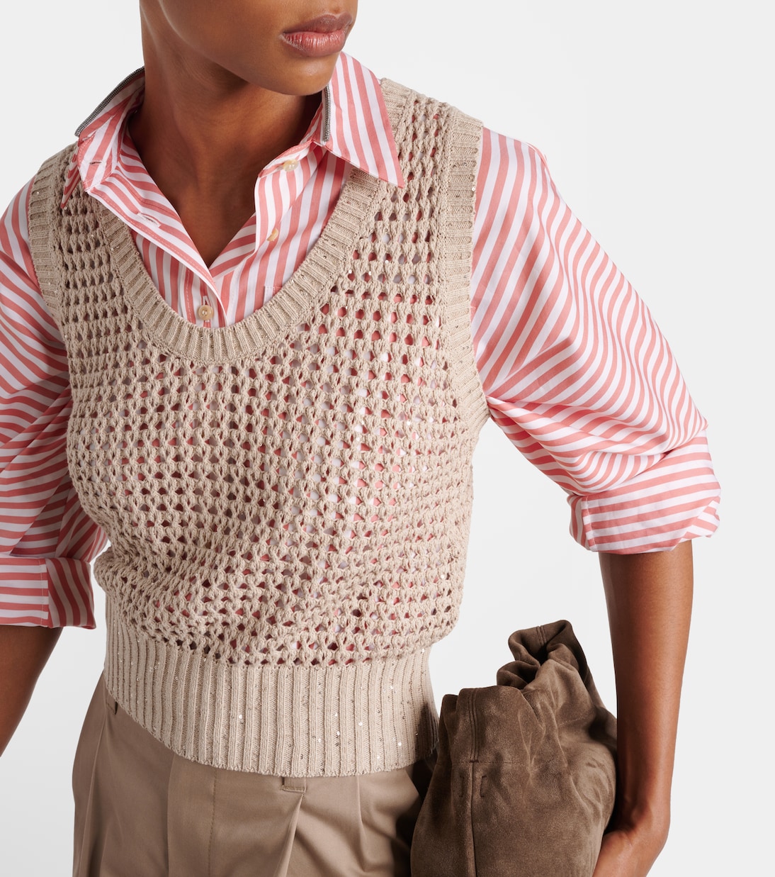 Sequined open-knit cotton-blend vest | Brunello Cucinelli