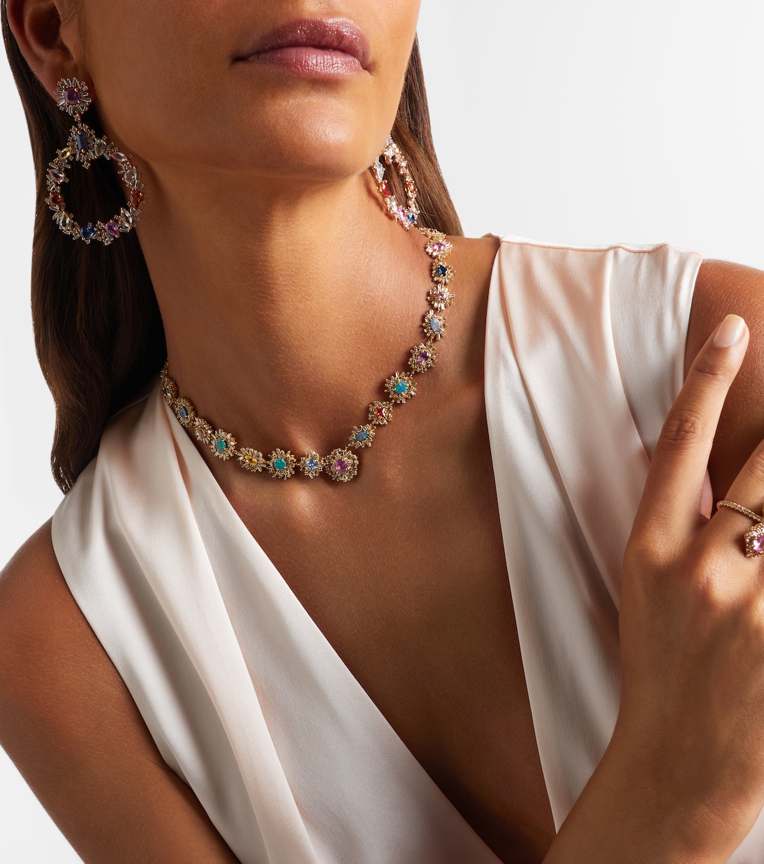 Collana Flower Riviere in oro 18kt con opale, zaffiri e diamanti | Suzanne Kalan