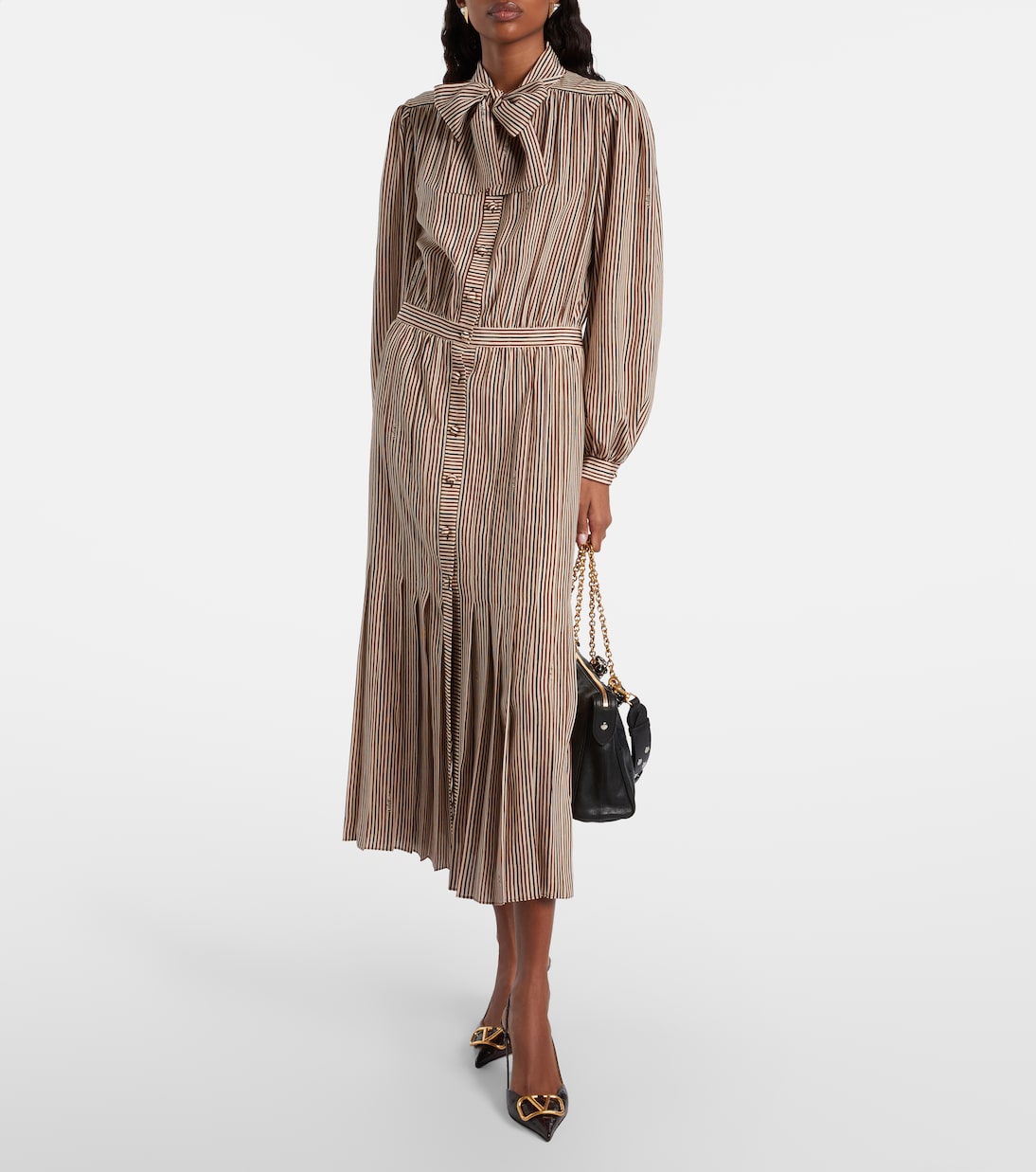 Striped tie-neck silk midi dress | Valentino