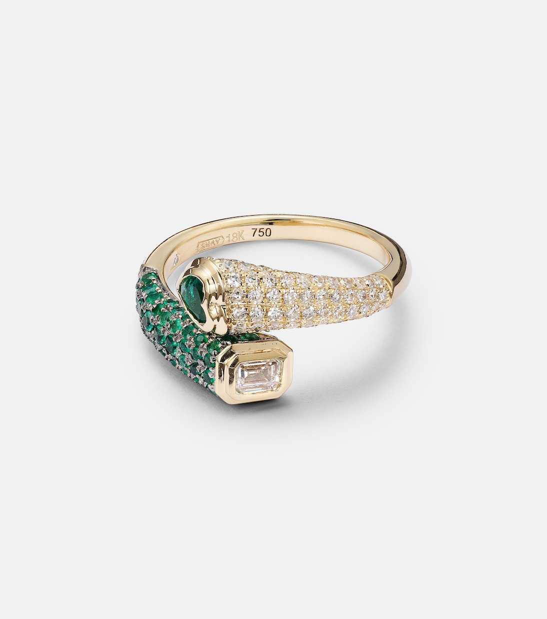 Anello in oro 18kt con smeraldi e diamanti, design moderno per giovani