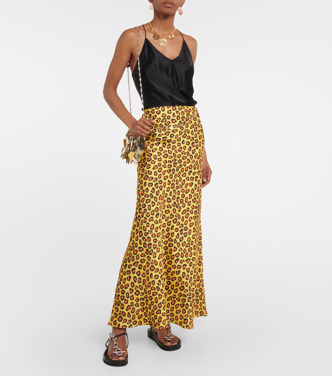 Chain-detail leopard-print satin slip skirt | Rabanne