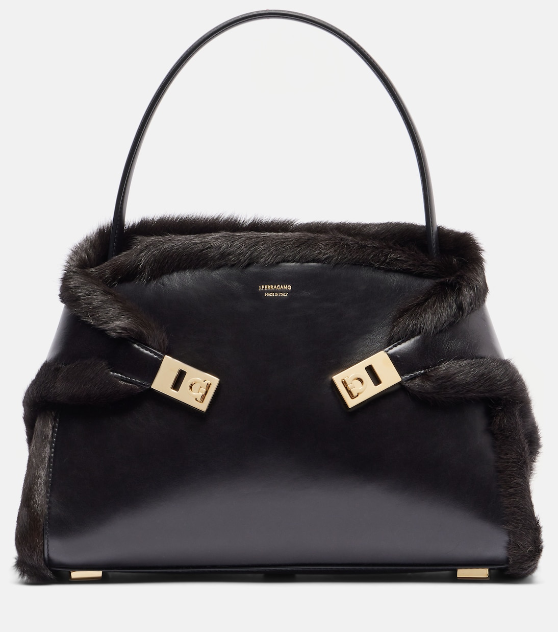 Hugh Medium shearling-trimmed leather shoulder bag | Ferragamo