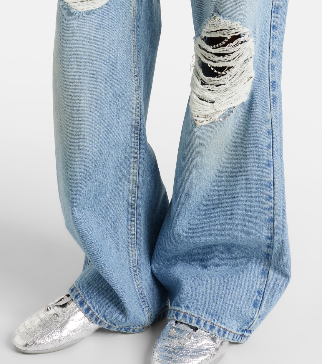 Distressed embellished wide-leg jeans | Area