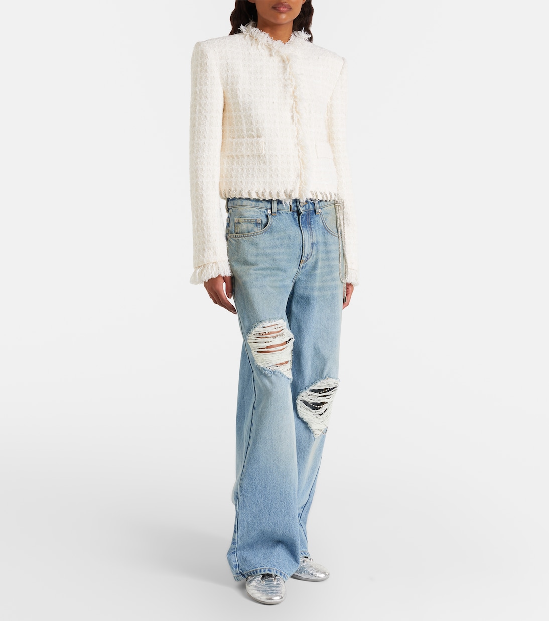 Distressed embellished wide-leg jeans | Area