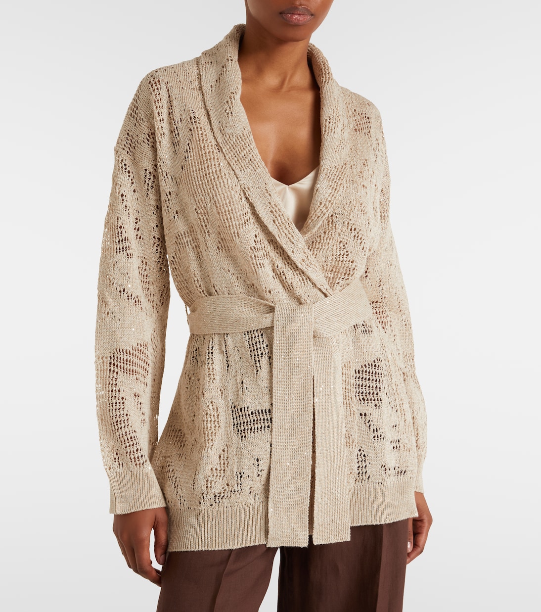 Open-knit linen and cotton wrap cardigan | Brunello Cucinelli