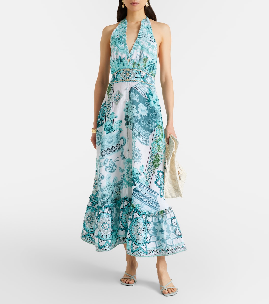 Embellished ruffled halterneck linen midi dress | Camilla