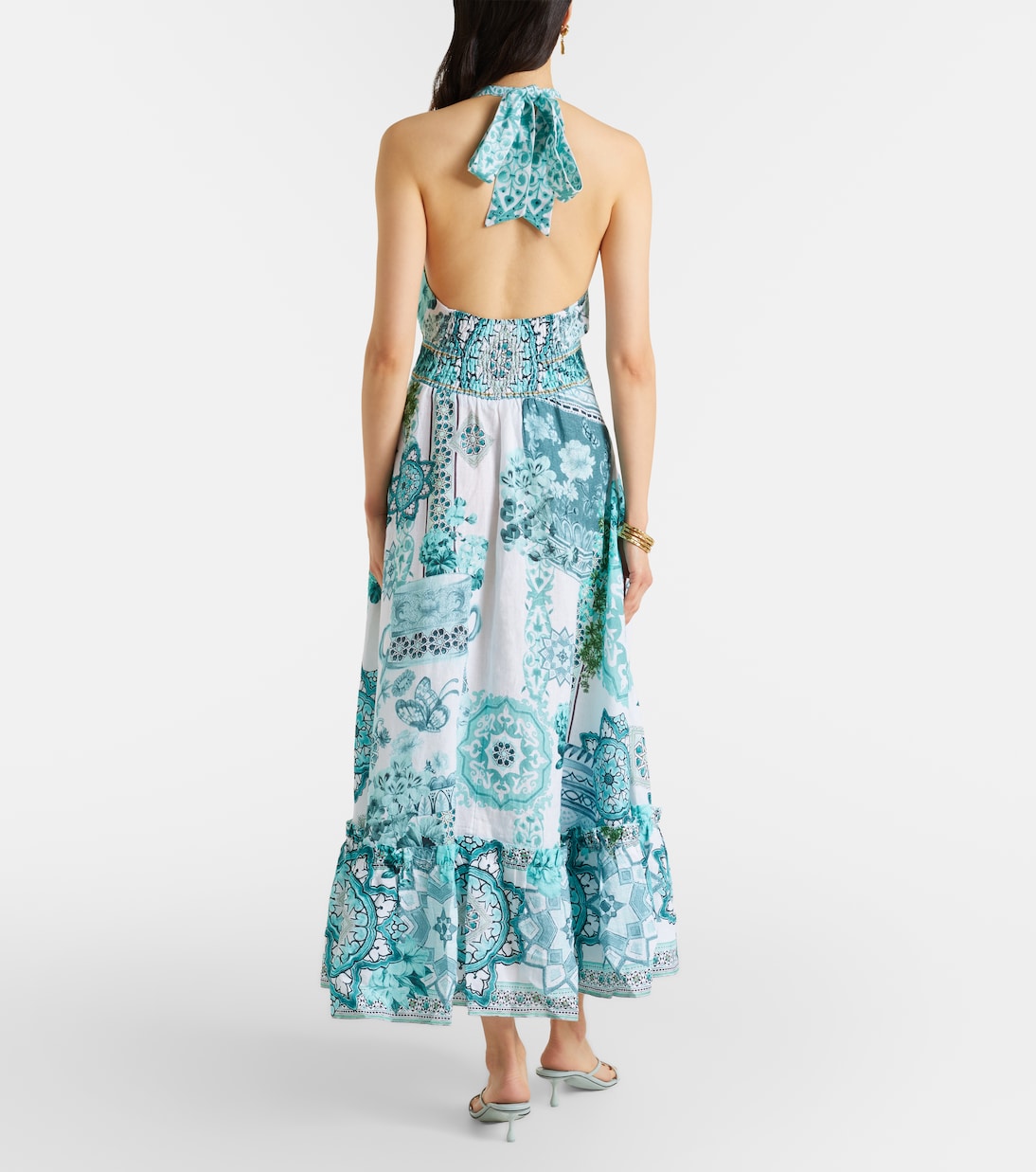Embellished ruffled halterneck linen midi dress | Camilla