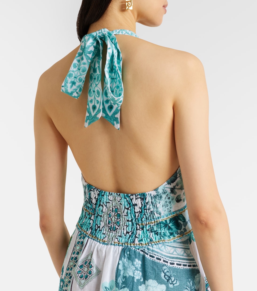 Embellished ruffled halterneck linen midi dress | Camilla