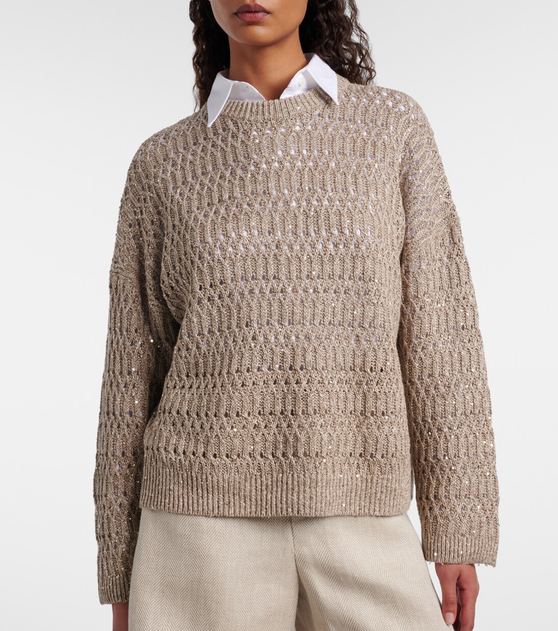 Pullover aus Leinengemisch mit Pailletten | Brunello Cucinelli