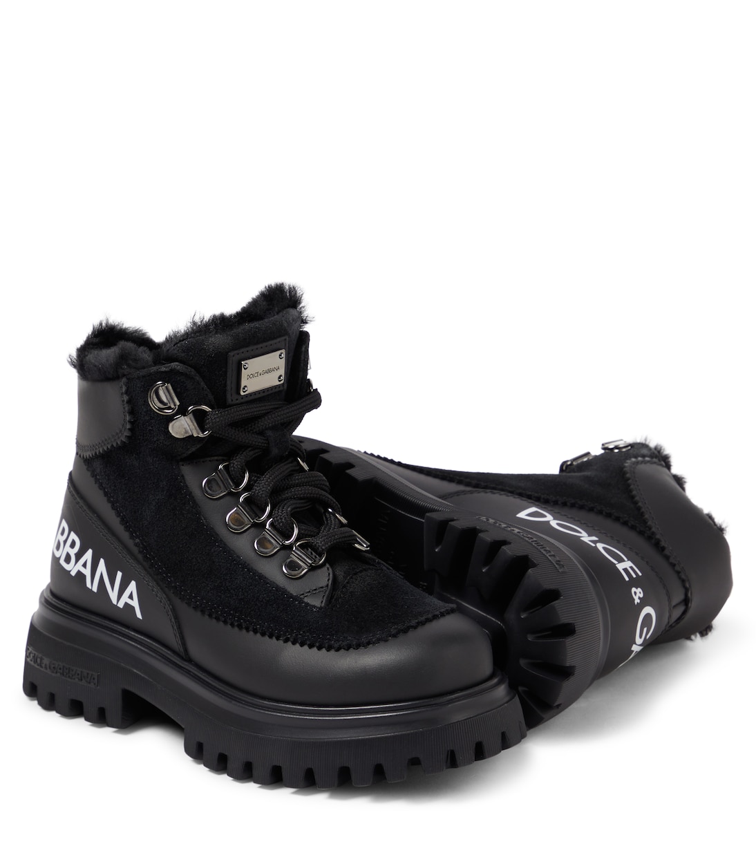 Shearling lined leather ankle boots in black Dolce Gabbana Kids Mytheresa