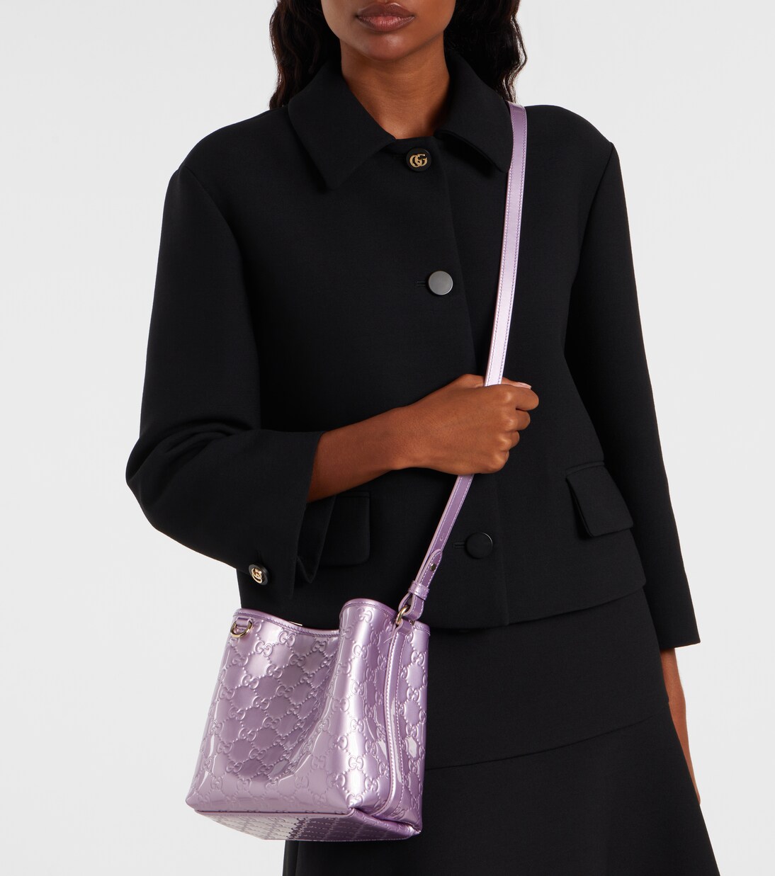 GG Emblem Medium metallic leather bucket bag | Gucci
