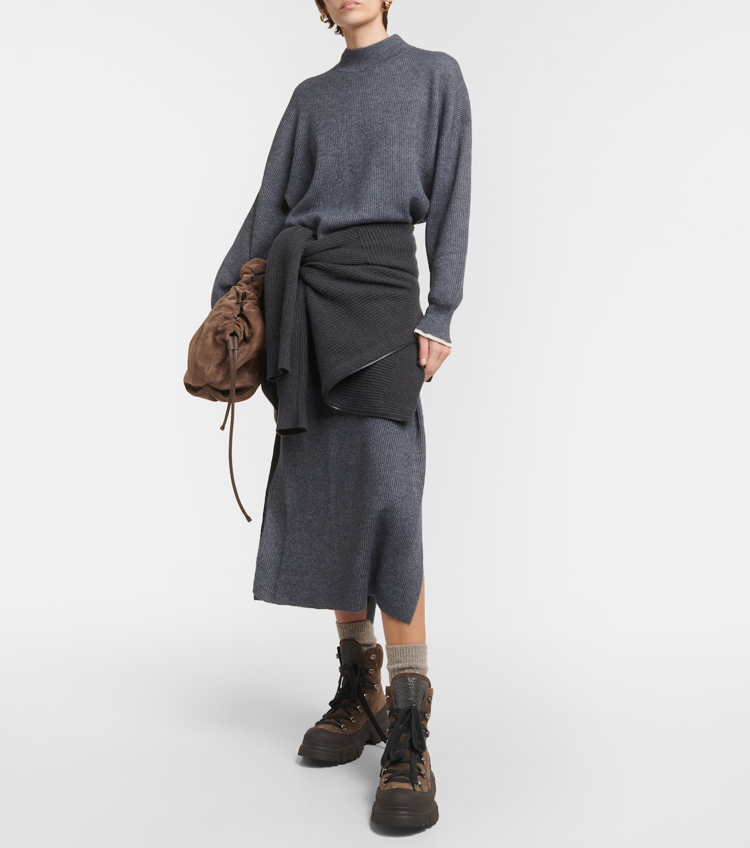 Abito midi in cotone e alpaca a coste | Brunello Cucinelli