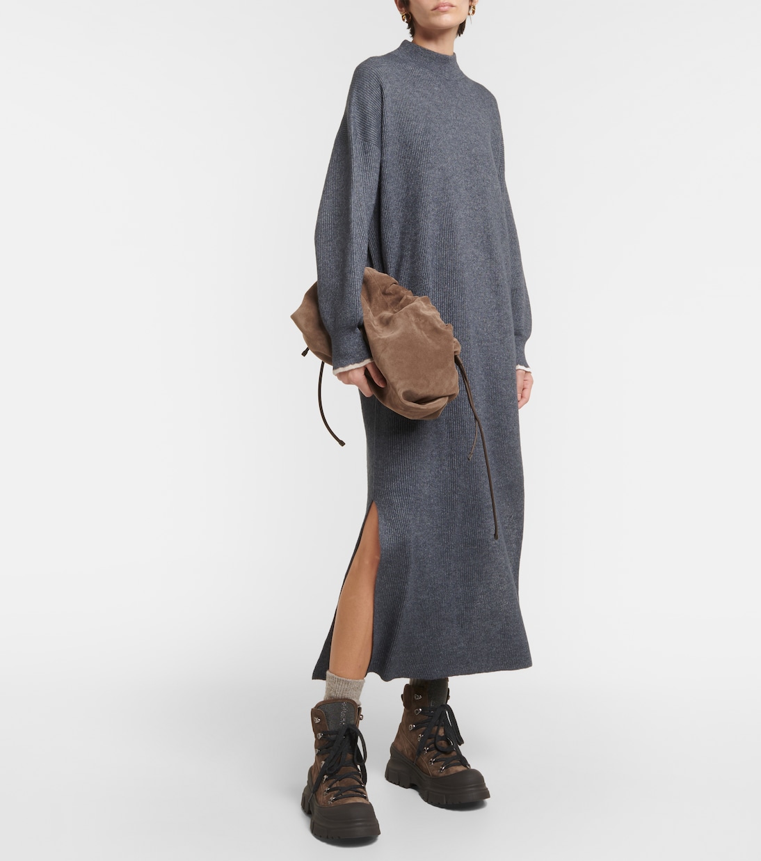 Abito midi in cotone e alpaca a coste | Brunello Cucinelli