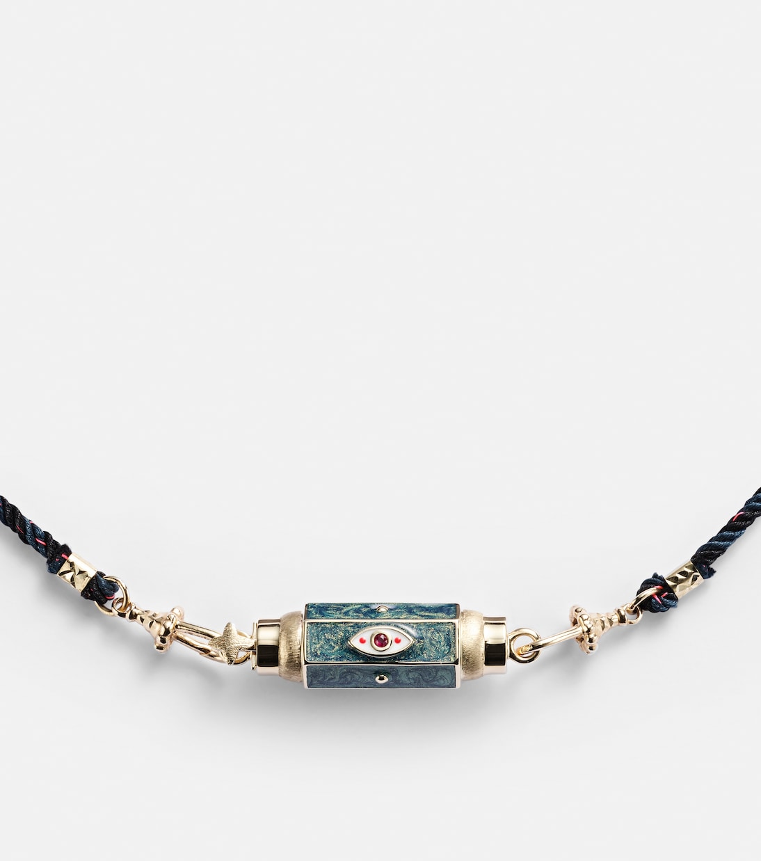 Collana con ciondolo Evil Eye in oro 14kt e smalto, arricchita da rubini, perfetta per uno stile giovane e alla moda.