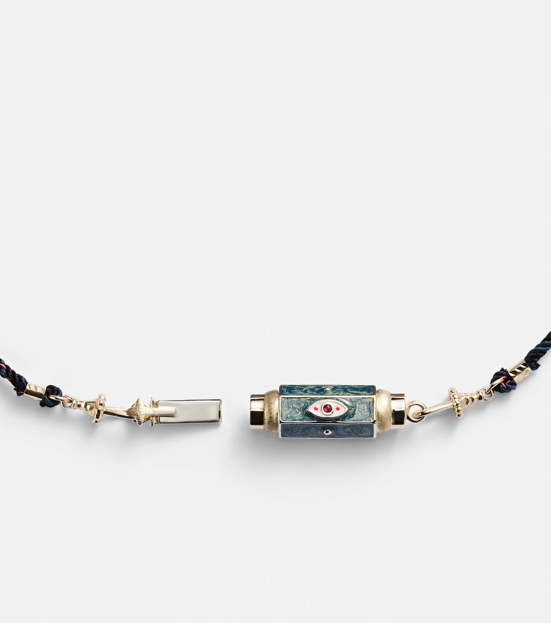 Collana con ciondolo Evil Eye in oro 14kt e smalto, arricchita da rubini, perfetta per uno stile giovane e alla moda.