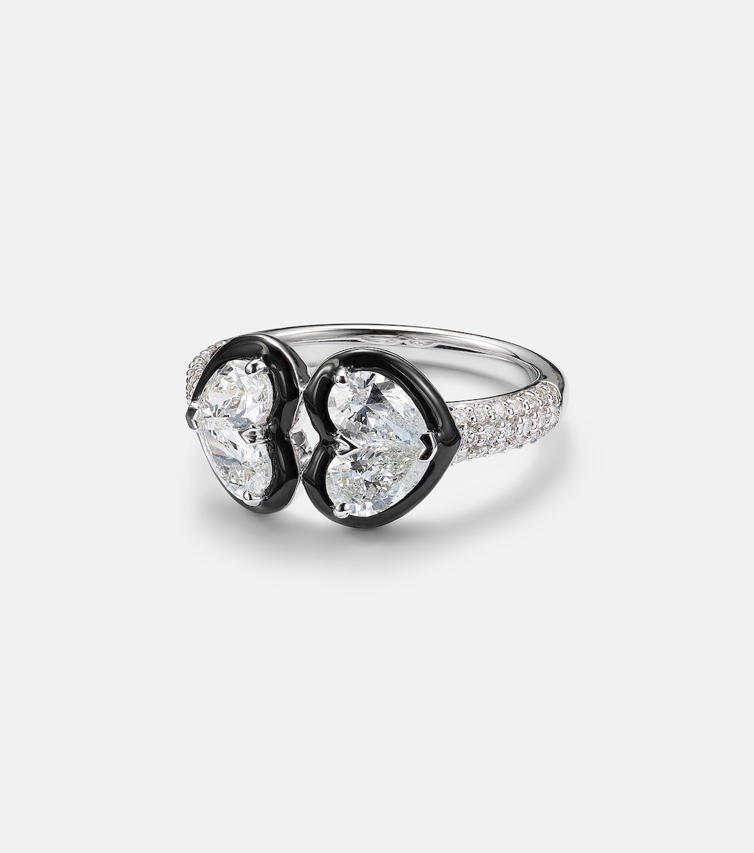 Twin Heart 18kt white gold and enamel ring with diamonds | Kamyen