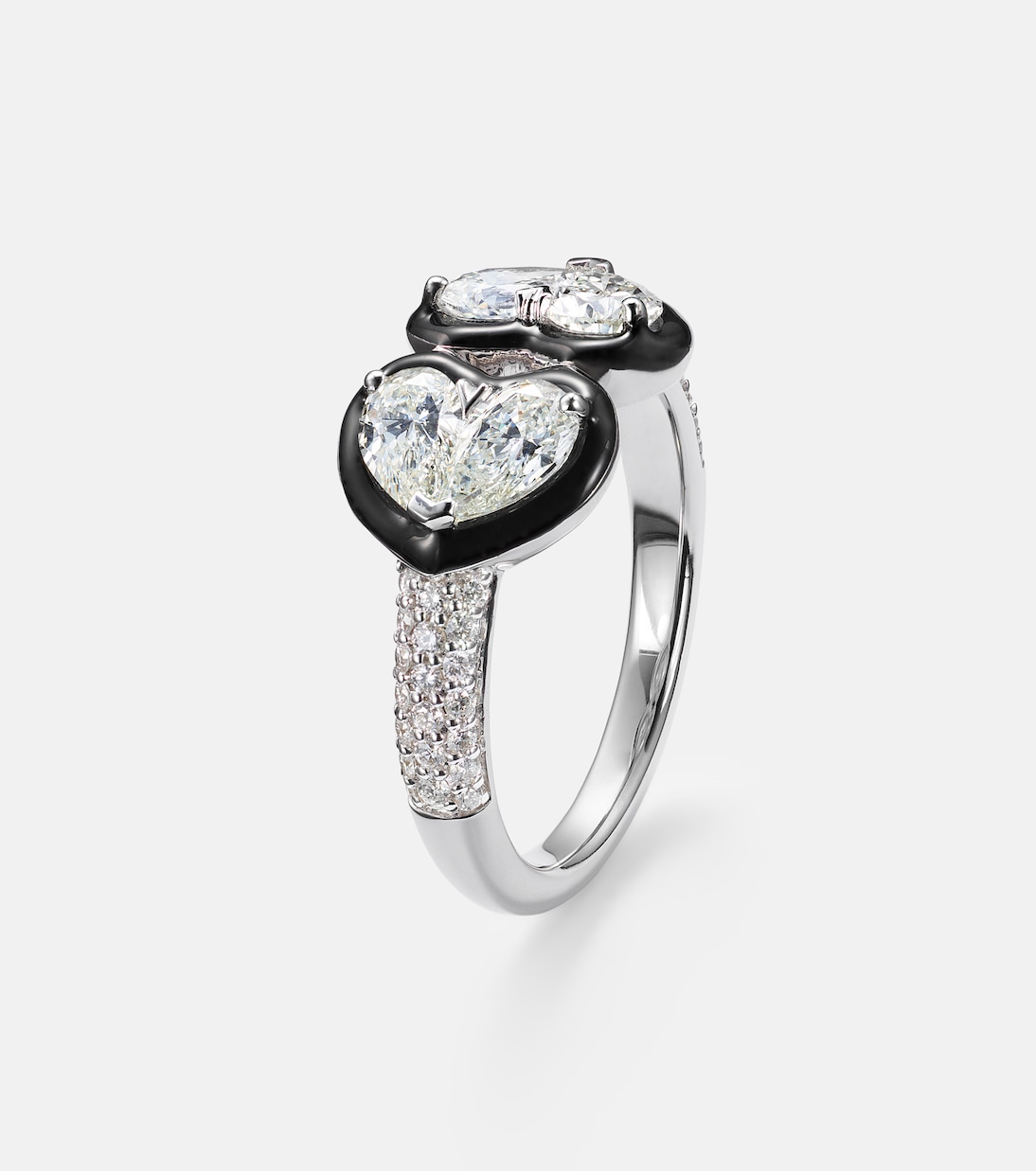Twin Heart 18kt white gold and enamel ring with diamonds | Kamyen