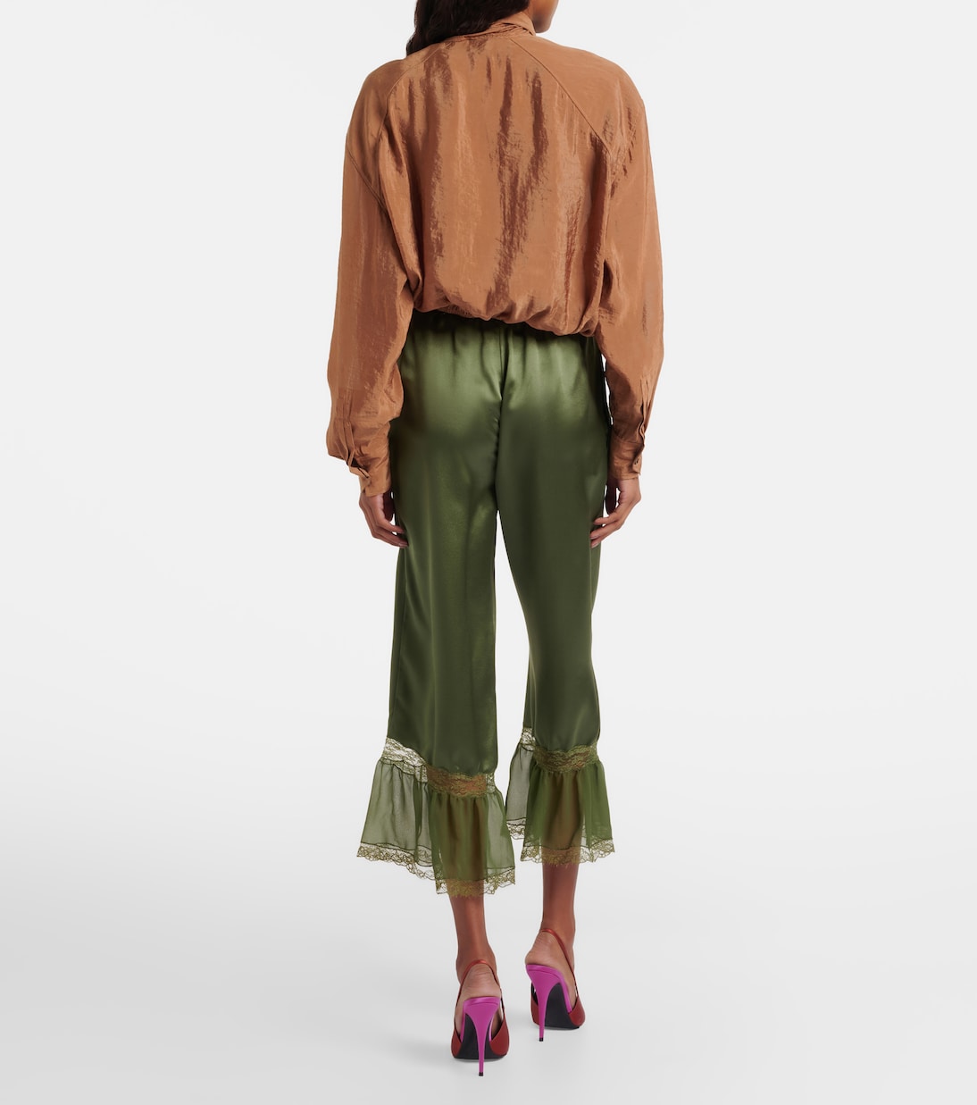 Lace-trimmed silk satin straight pants | Saint Laurent