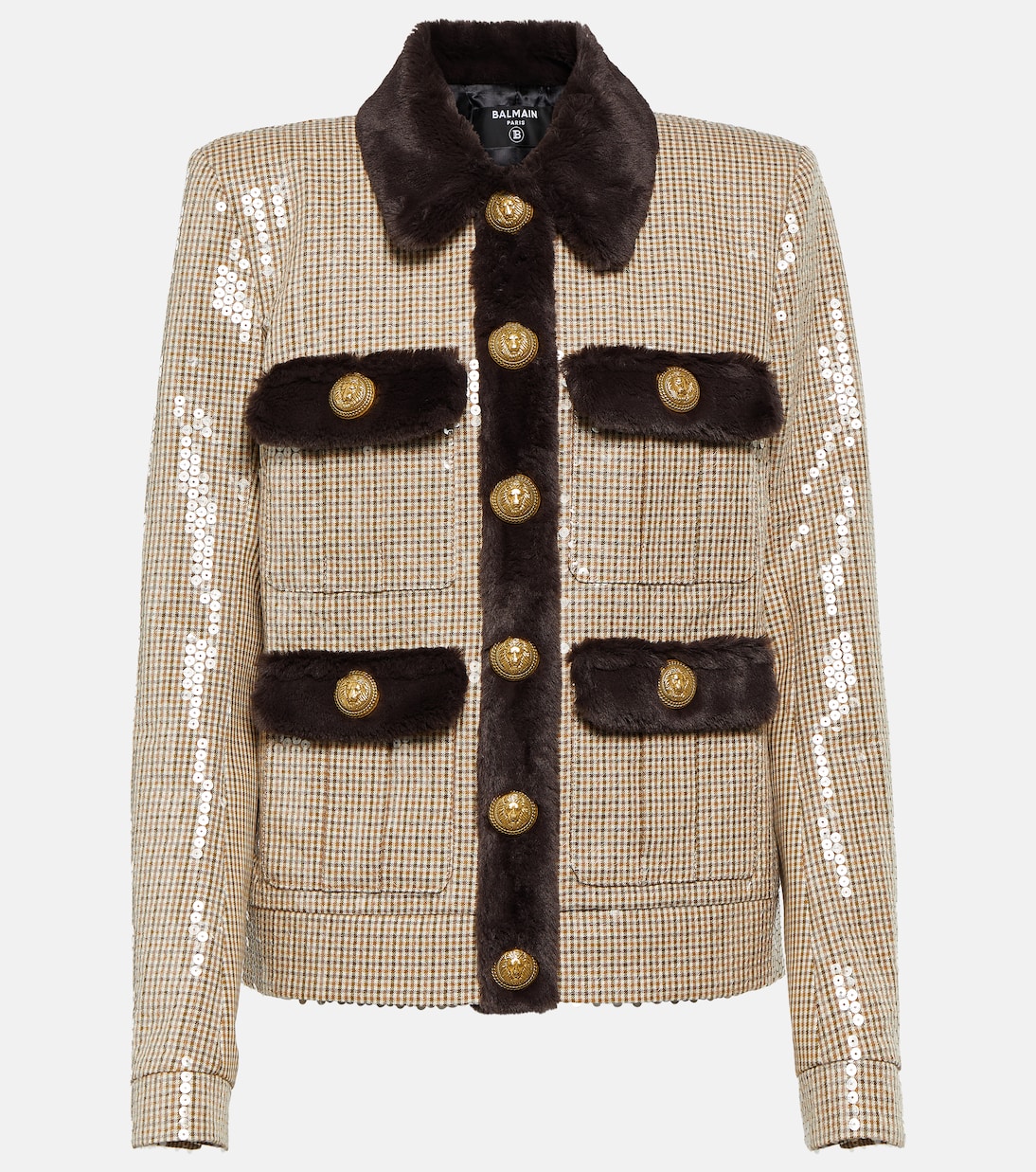 Sequined faux fur-trimmed jacket | Balmain