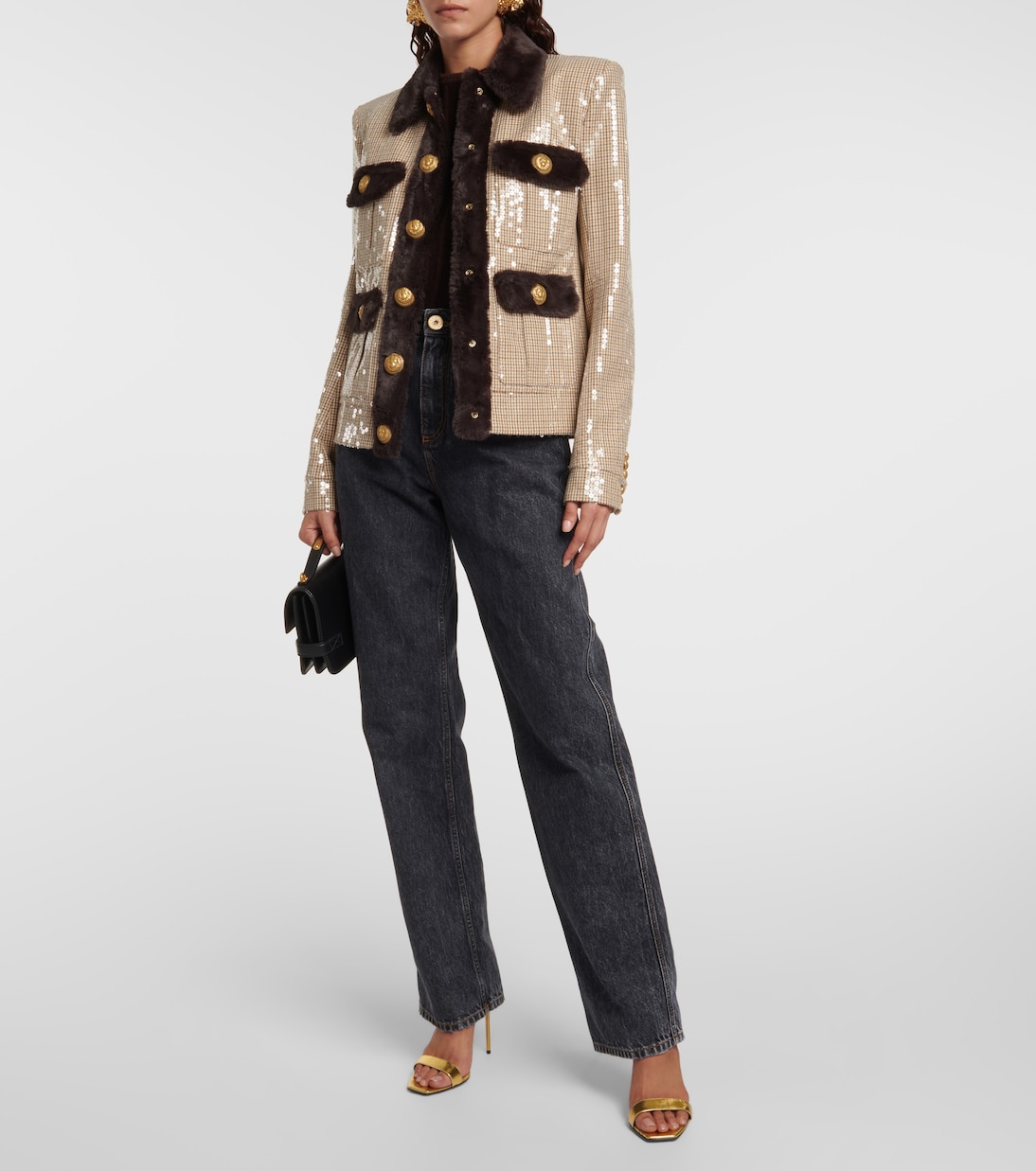 Sequined faux fur-trimmed jacket | Balmain