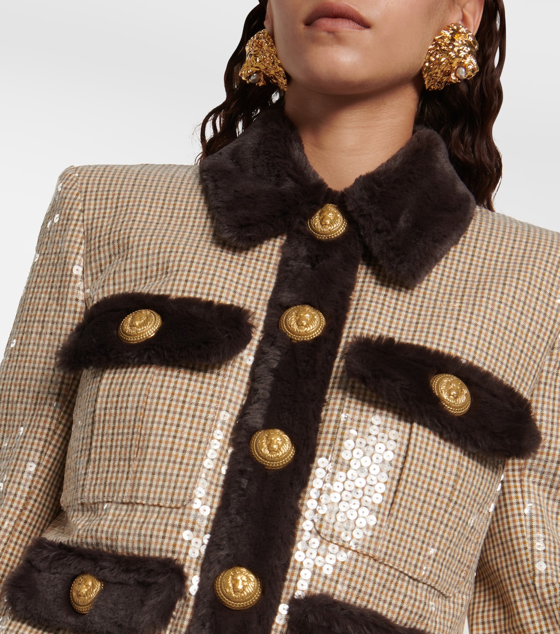 Sequined faux fur-trimmed jacket | Balmain