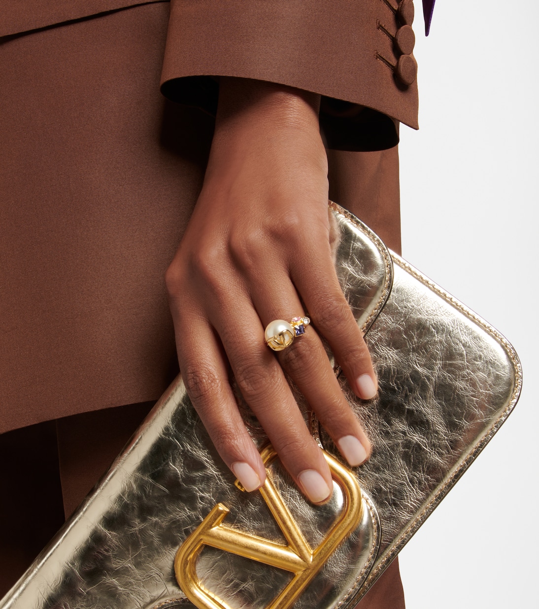 VLogo faux pearl and crystal ring in gold - Valentino