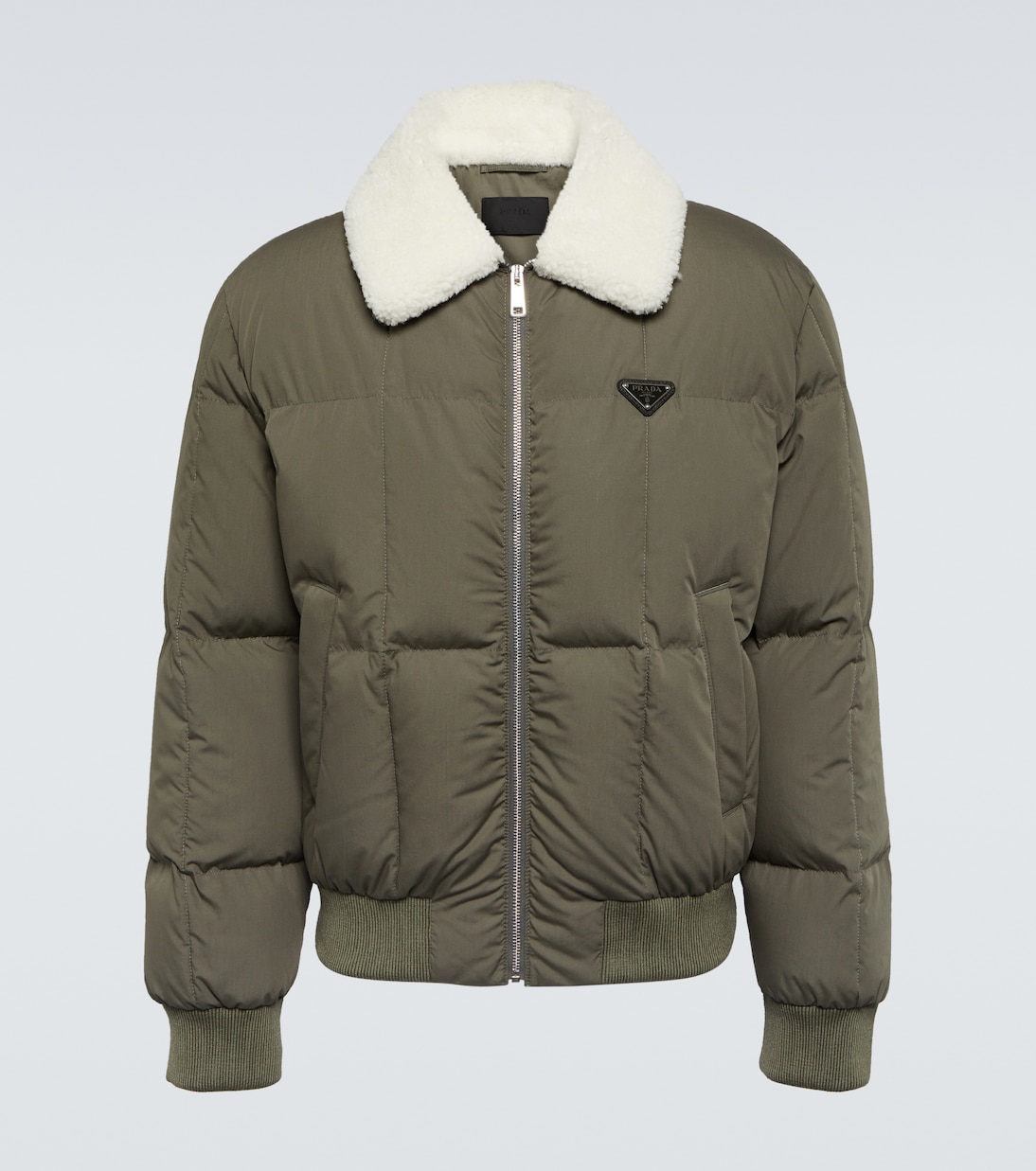 Shearling trimmed cotton down jacket in green Prada Mytheresa