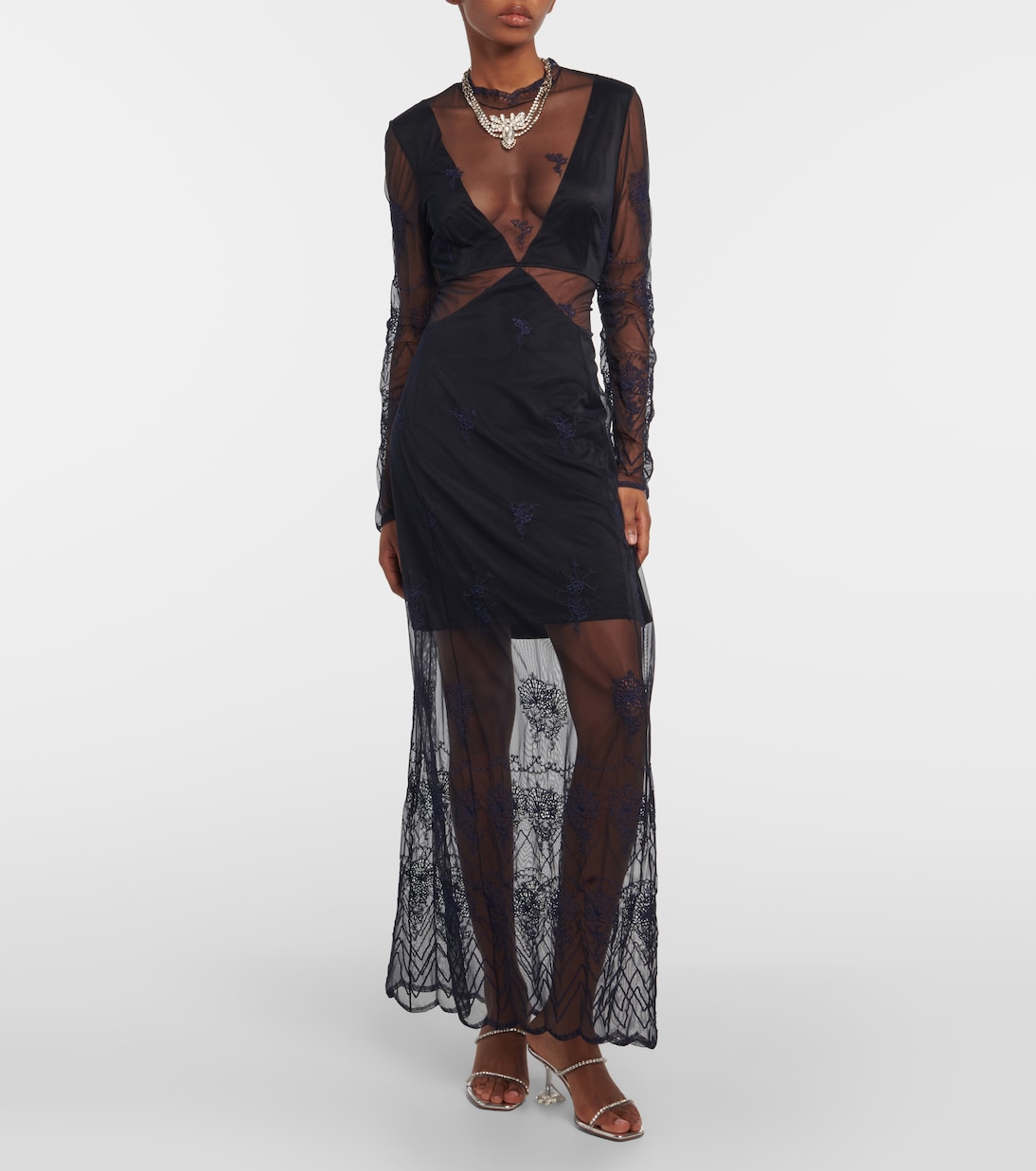 Abito lungo in pizzo e raso con cut-out | Rabanne