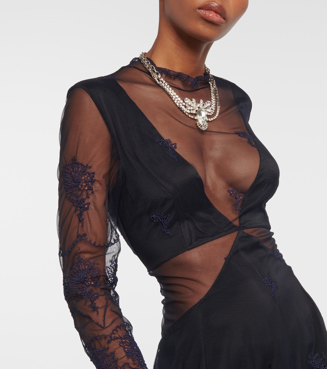 Abito lungo in pizzo e raso con cut-out | Rabanne