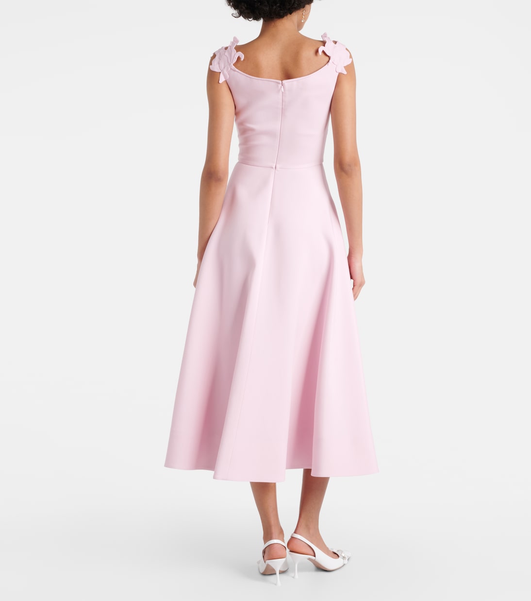 Vestido midi de lana y seda con aplique floral | Valentino