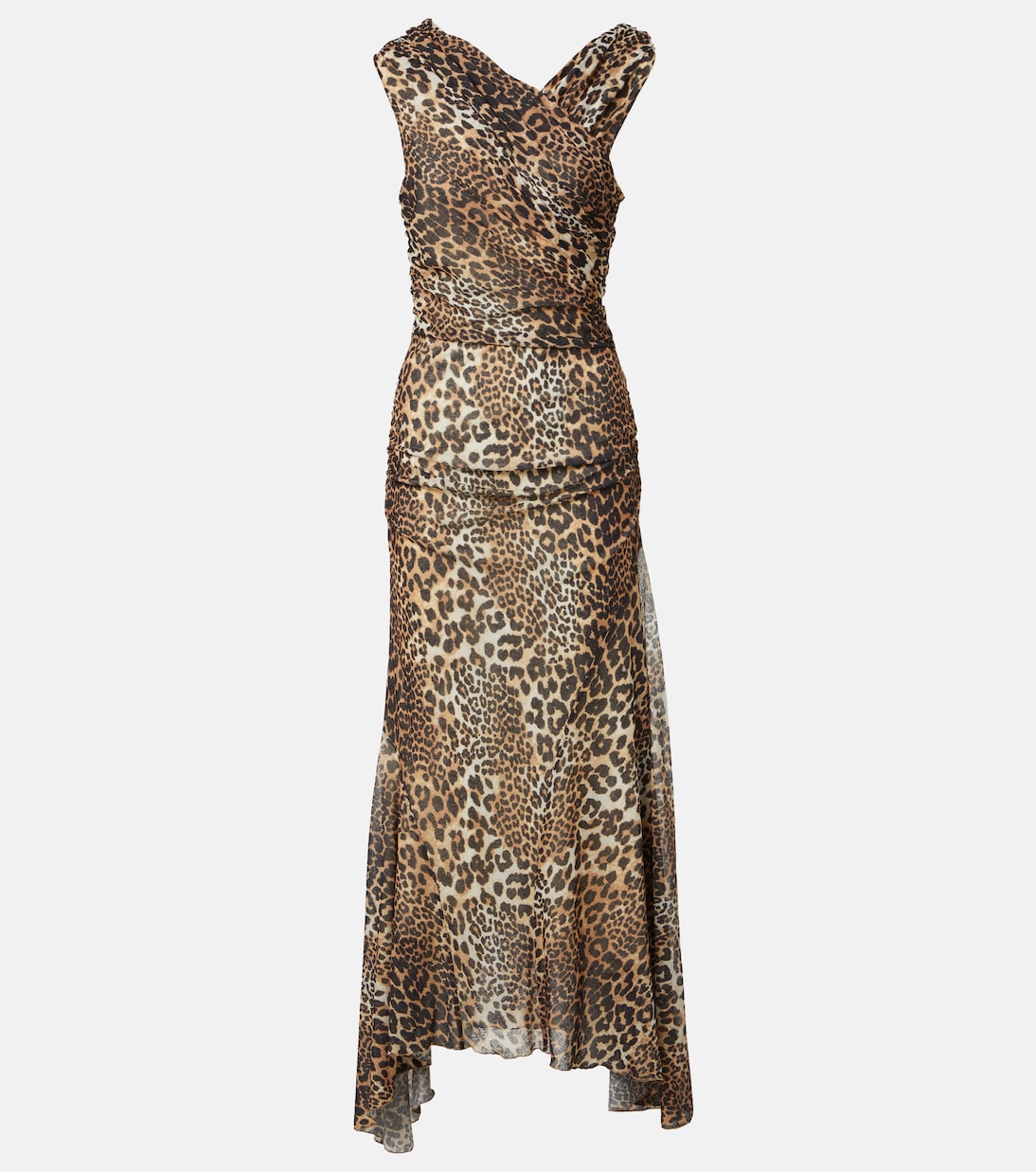 Ruched leopard-print mesh maxi dress | Ganni