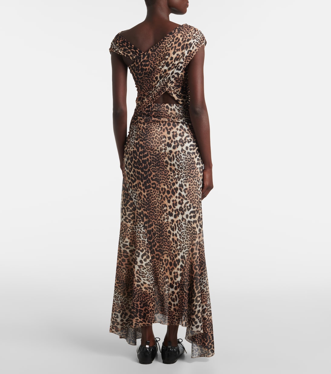 Ruched leopard-print mesh maxi dress | Ganni