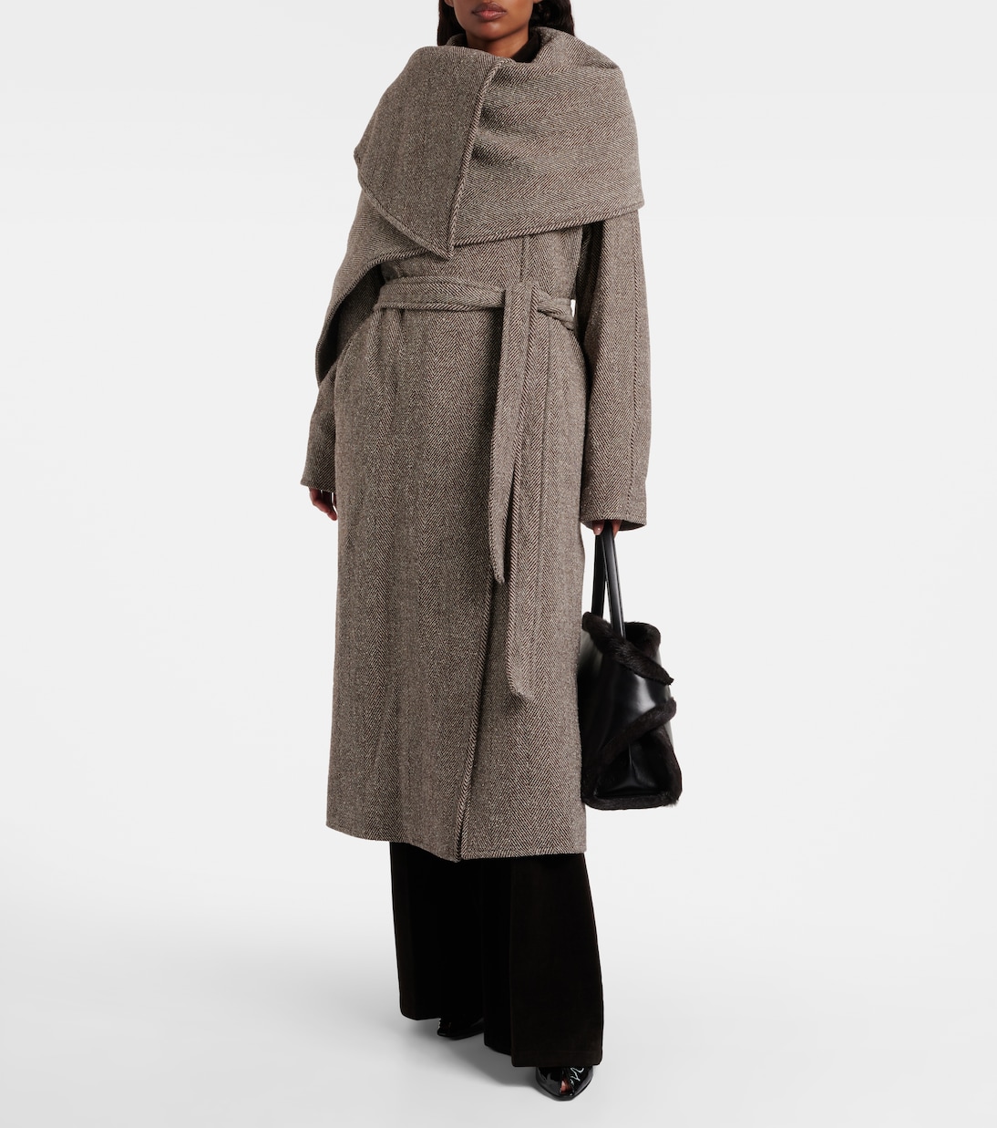 Herringbone caped wool and cotton wrap coat | Ferragamo